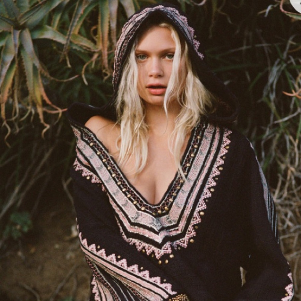 Free People V-Neck Embroidered Cotton Pullover